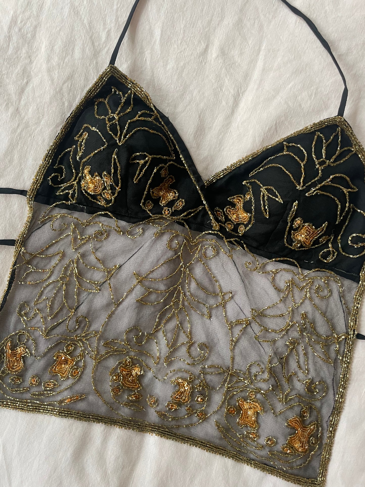 00s Beaded Backless Top - Black and Gold