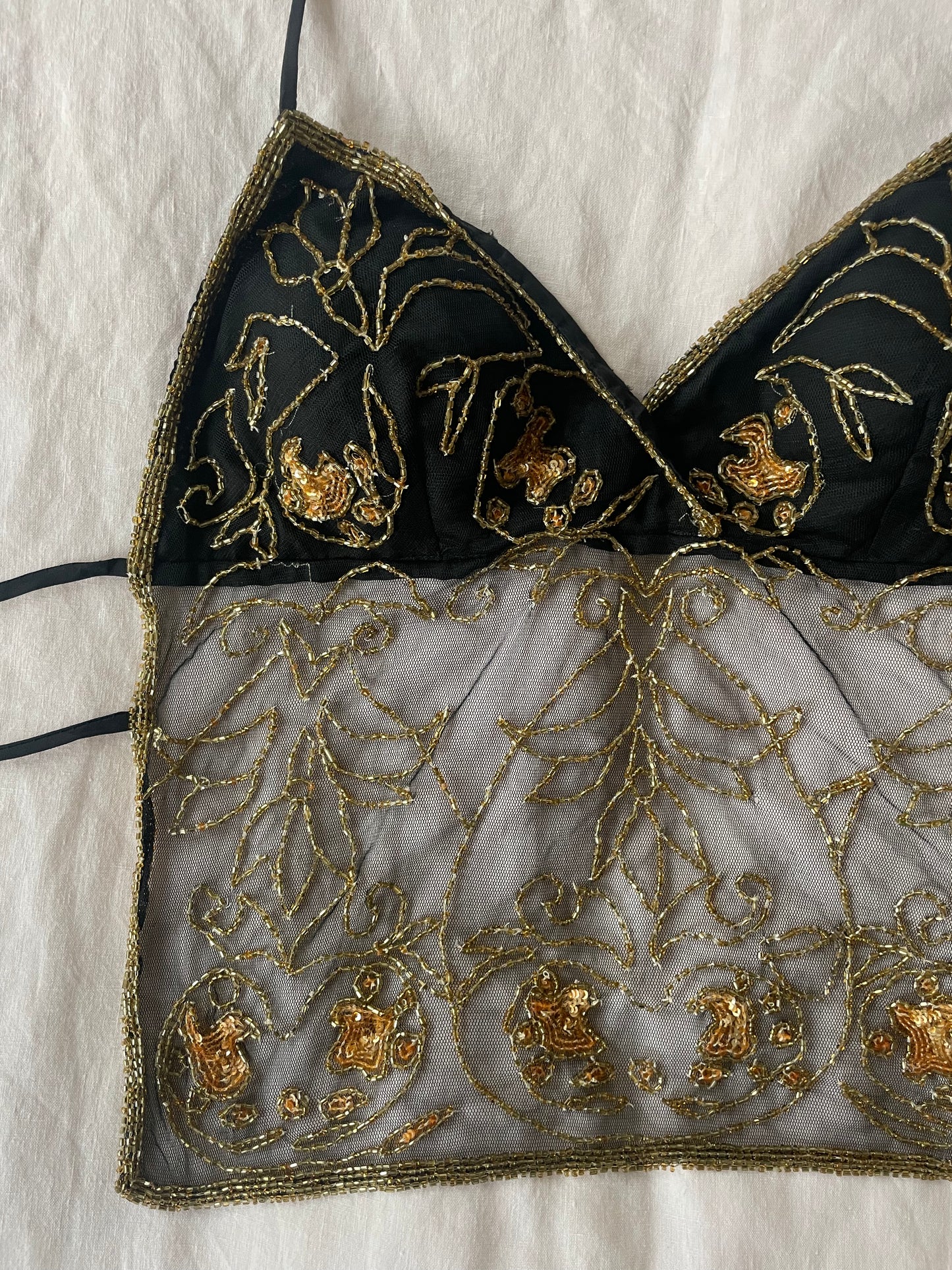 00s Beaded Backless Top - Black and Gold