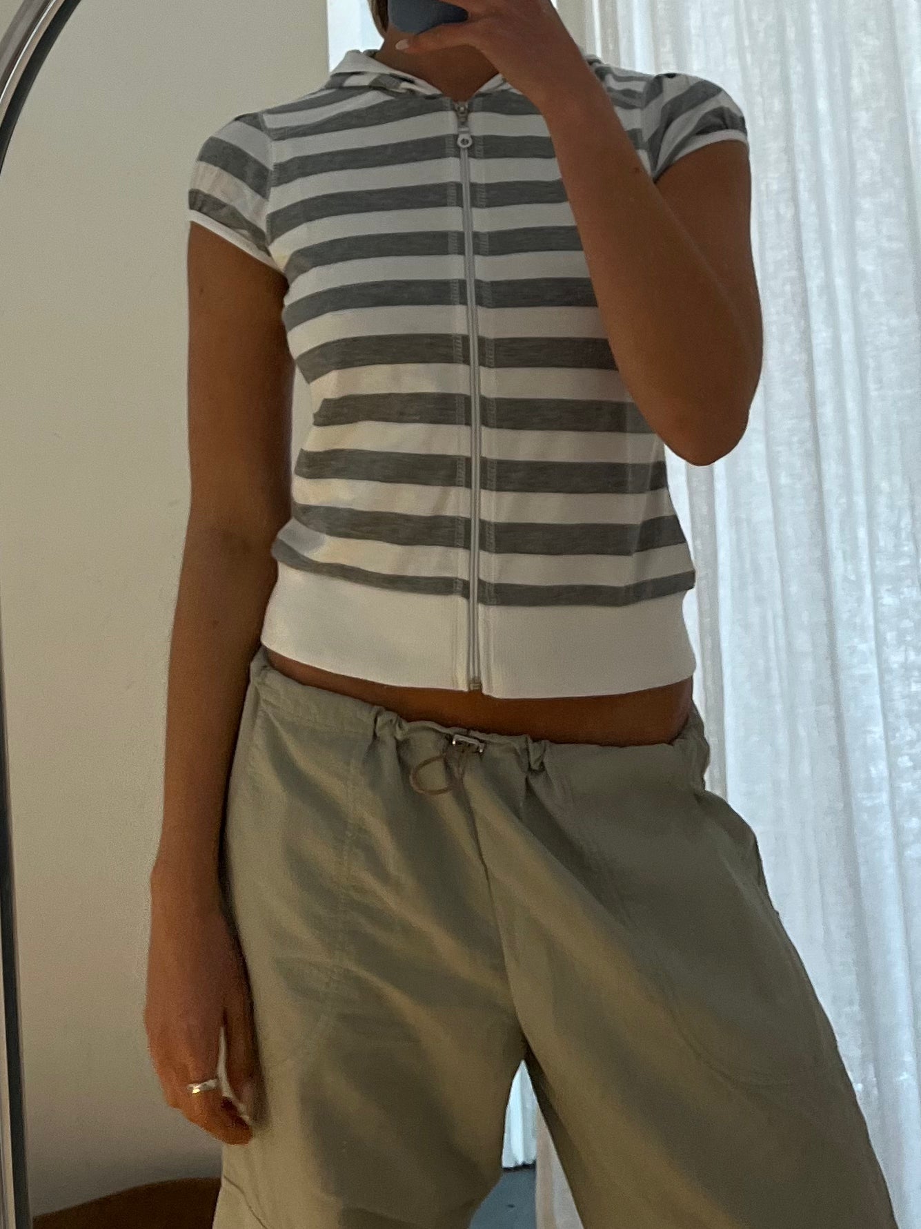 Grey & White Stripe Short Sleeve Hoodie