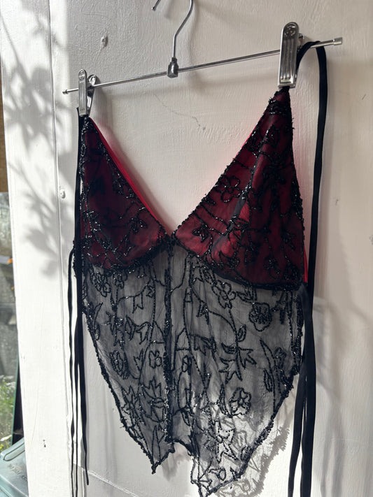 Black Split Front Beaded Halter